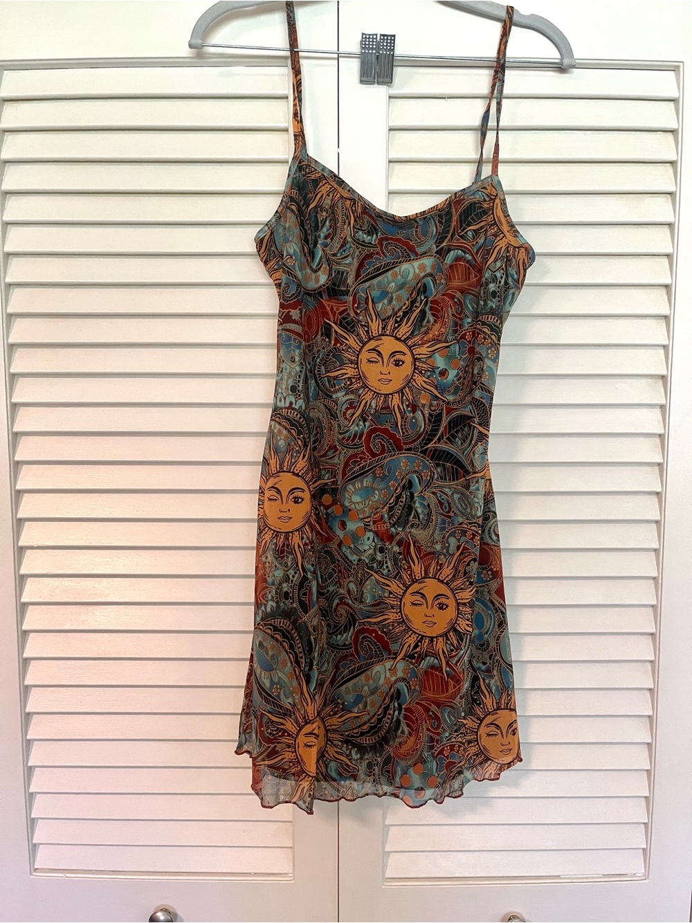Sun Motif Spaghetti Strap Slip Dress - Mustard & Teal